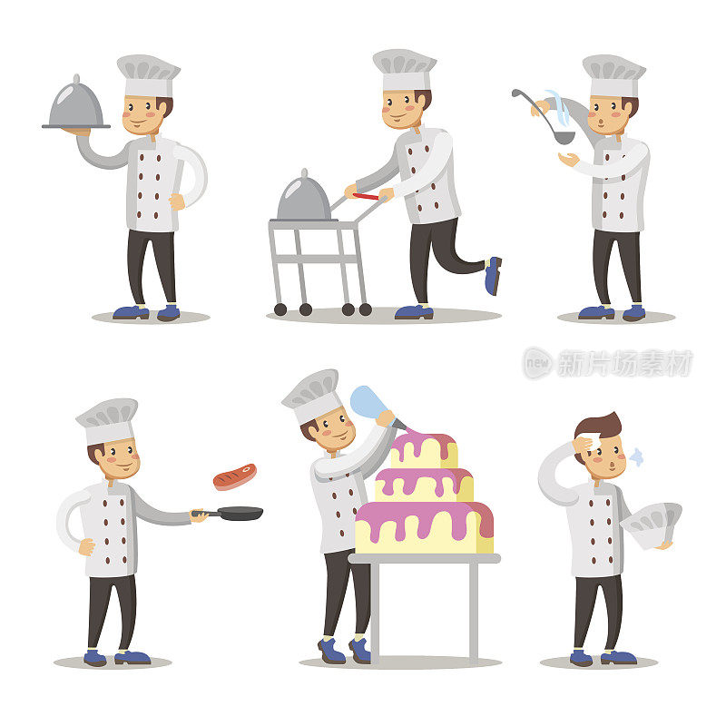 Cute Cook Cartoon Character Set. Man Cooking. Vector illustration